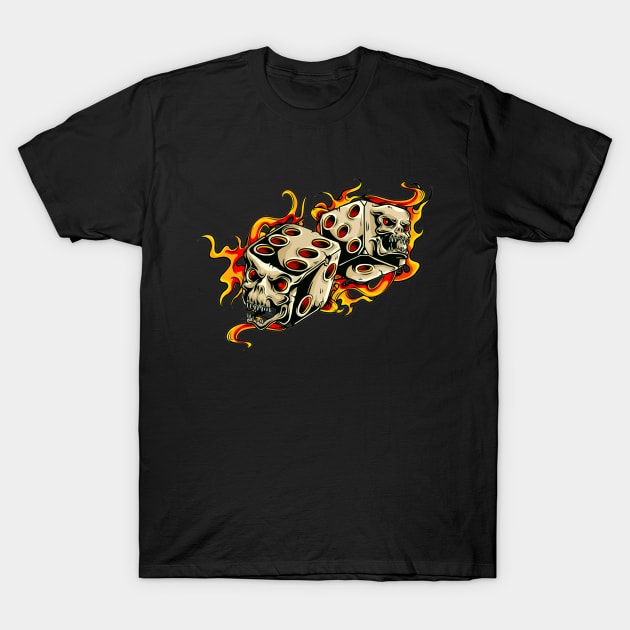 Grinning skull dice and flames T-Shirt by pickledpossums